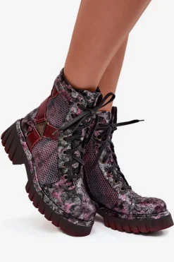 Maciejka Botki Maciejka|Botki Sznurowane*Skórzane Botki Workery Damskie 07072-23 Bordowe Czerwony