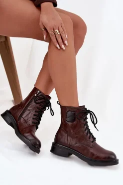 Sale Maciejka Skórzane Botki Workery Damskie Z Ozdobnym Detalem K7180-01 Brązowe Brązowy