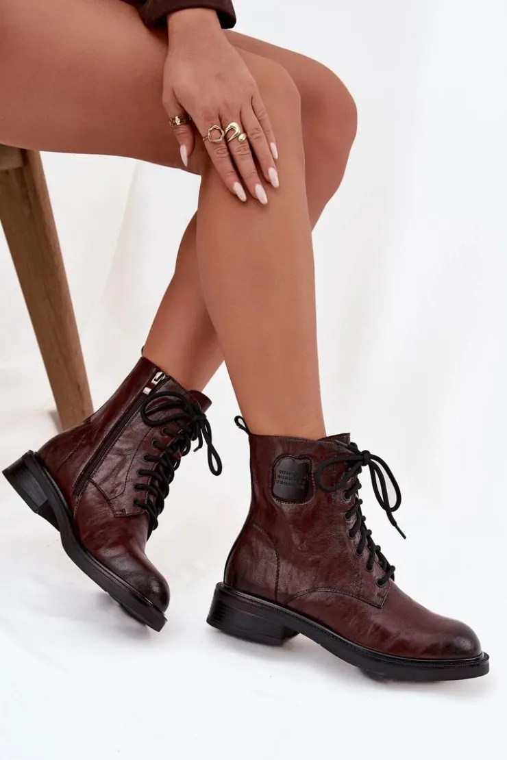 Sale Maciejka Skórzane Botki Workery Damskie Z Ozdobnym Detalem K7180-01 Brązowe Brązowy