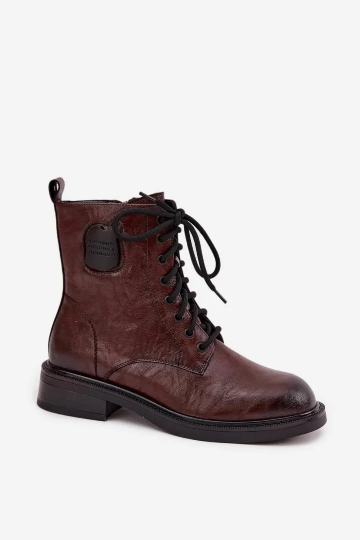 Sale Maciejka Skórzane Botki Workery Damskie Z Ozdobnym Detalem K7180-01 Brązowe Brązowy