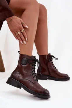 Sale Maciejka Skórzane Botki Workery Damskie Z Ozdobnym Detalem K7180-01 Brązowe Brązowy