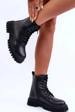 Sale Boto Skórzane Botki Workery Damskie Czarne Poonah