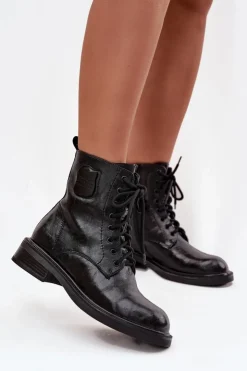 Damskie Maciejka Skórzane Botki Workery Damskie Z Ozdobnym Detalem K7180-01 Czarne