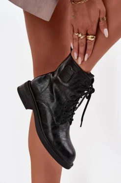 Damskie Maciejka Skórzane Botki Workery Damskie Z Ozdobnym Detalem K7180-01 Czarne