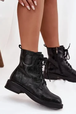 Damskie Maciejka Skórzane Botki Workery Damskie Z Ozdobnym Detalem K7180-01 Czarne