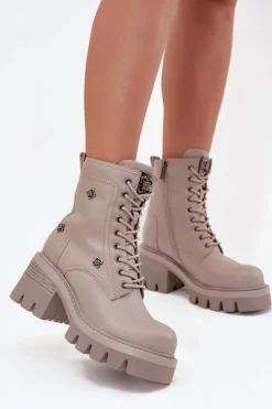 Artiker Botki Ocieplane|Botki Skórzane*Skórzane Botki Workery Damskie Na Klocku Z Przypinkami 57C0181 Beżowe