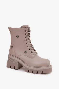 Artiker Botki Ocieplane|Botki Skórzane*Skórzane Botki Workery Damskie Na Klocku Z Przypinkami 57C0181 Beżowe