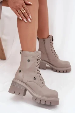 Artiker Botki Ocieplane|Botki Skórzane*Skórzane Botki Workery Damskie Na Klocku Z Przypinkami 57C0181 Beżowe