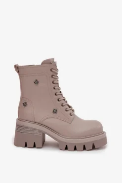 Artiker Botki Ocieplane|Botki Skórzane*Skórzane Botki Workery Damskie Na Klocku Z Przypinkami 57C0181 Beżowe