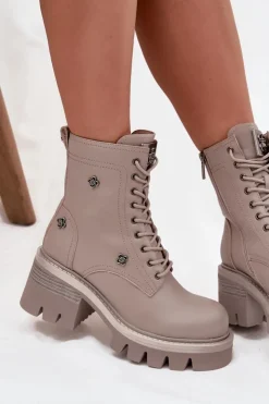 Artiker Botki Ocieplane|Botki Skórzane*Skórzane Botki Workery Damskie Na Klocku Z Przypinkami 57C0181 Beżowe