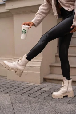 Damskie CheBello Skórzane Botki Workery Damskie Z Motylem Beżowe 4590