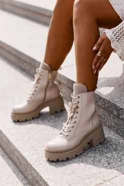 Damskie CheBello Skórzane Botki Workery Damskie Z Motylem Beżowe 4590