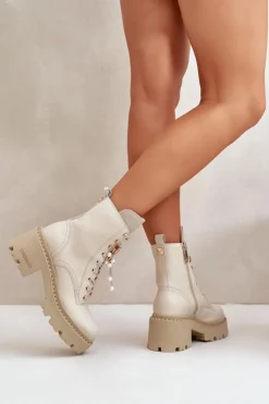 Damskie CheBello Skórzane Botki Workery Damskie Z Motylem Beżowe 4590