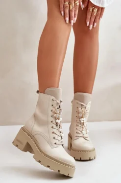 Damskie CheBello Skórzane Botki Workery Damskie Z Motylem Beżowe 4590