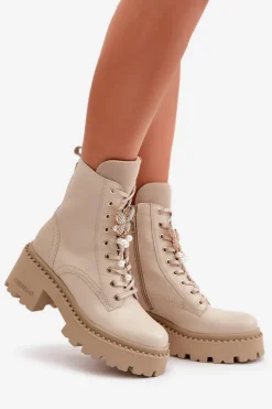 Damskie CheBello Skórzane Botki Workery Damskie Z Motylem Beżowe 4590