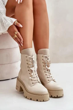 Damskie CheBello Skórzane Botki Workery Damskie Z Motylem Beżowe 4590