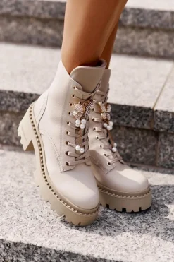 Damskie CheBello Skórzane Botki Workery Damskie Z Motylem Beżowe 4590