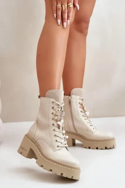 Damskie CheBello Skórzane Botki Workery Damskie Z Motylem Beżowe 4590