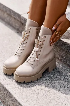 Damskie CheBello Skórzane Botki Workery Damskie Z Motylem Beżowe 4590