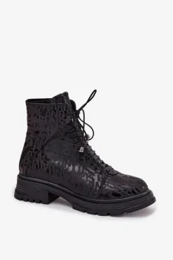 Damskie Artiker Skórzane Botki Workery Damskie Ocieplane Na Zamek 57C2257 Czarne