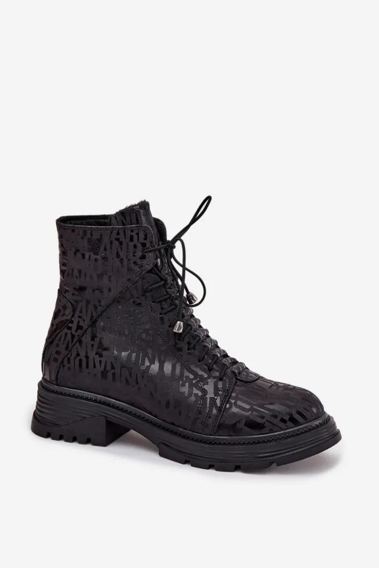 Damskie Artiker Skórzane Botki Workery Damskie Ocieplane Na Zamek 57C2257 Czarne