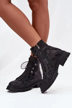 Damskie Artiker Skórzane Botki Workery Damskie Ocieplane Na Zamek 57C2257 Czarne