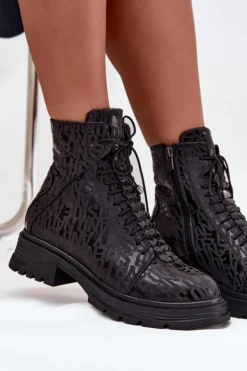 Damskie Artiker Skórzane Botki Workery Damskie Ocieplane Na Zamek 57C2257 Czarne