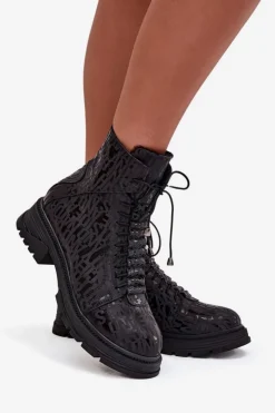 Damskie Artiker Skórzane Botki Workery Damskie Ocieplane Na Zamek 57C2257 Czarne