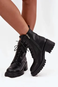 Discount Artiker Skórzane Botki Workery Damskie Na Klocku Z Ozdobnym Detalem 57C0214 Czarne Czarny