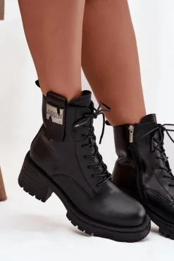 Discount Artiker Skórzane Botki Workery Damskie Na Klocku Z Ozdobnym Detalem 57C0214 Czarne Czarny