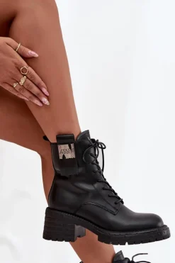 Discount Artiker Skórzane Botki Workery Damskie Na Klocku Z Ozdobnym Detalem 57C0214 Czarne Czarny