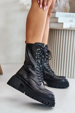 GOE Botki Ocieplane|Czarne Botki*Skórzane Botki Workery Damskie Ocieplane OO2N4121 Czarne