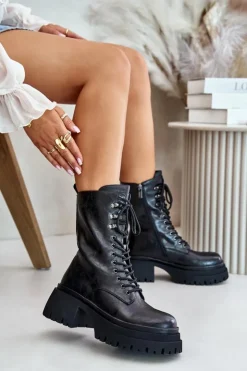 GOE Botki Ocieplane|Czarne Botki*Skórzane Botki Workery Damskie Ocieplane OO2N4121 Czarne