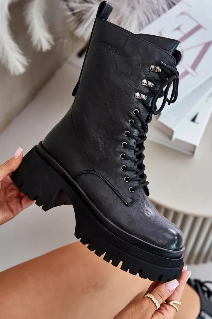 GOE Botki Ocieplane|Czarne Botki*Skórzane Botki Workery Damskie Ocieplane OO2N4121 Czarne