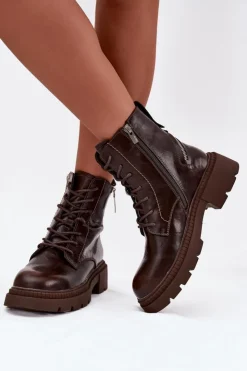 Damskie Big Star Shoes Skórzane Botki Workery Damskie Ocieplane Big Star SS274453 Brązowe