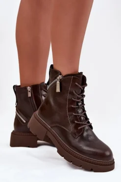 Damskie Big Star Shoes Skórzane Botki Workery Damskie Ocieplane Big Star SS274453 Brązowe