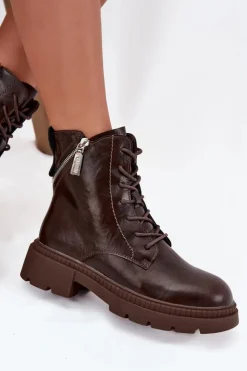 Damskie Big Star Shoes Skórzane Botki Workery Damskie Ocieplane Big Star SS274453 Brązowe