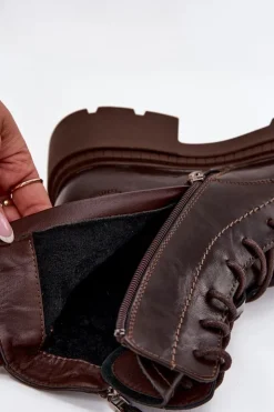 Damskie Big Star Shoes Skórzane Botki Workery Damskie Ocieplane Big Star SS274453 Brązowe