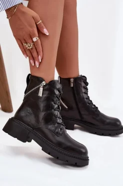 Damskie Big Star Shoes Skórzane Botki Workery Damskie Ocieplane Big Star SS274452 Czarne