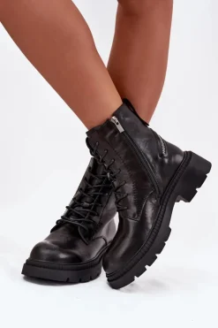 Damskie Big Star Shoes Skórzane Botki Workery Damskie Ocieplane Big Star SS274452 Czarne