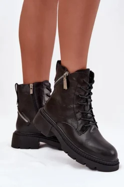 Damskie Big Star Shoes Skórzane Botki Workery Damskie Ocieplane Big Star SS274452 Czarne