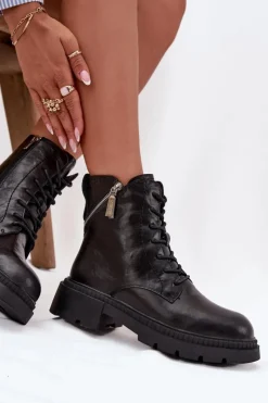 Damskie Big Star Shoes Skórzane Botki Workery Damskie Ocieplane Big Star SS274452 Czarne