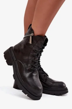 Damskie Big Star Shoes Skórzane Botki Workery Damskie Ocieplane Big Star SS274452 Czarne