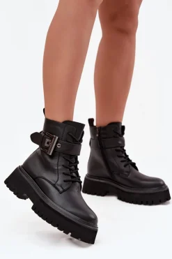 Damskie buty S.Barski Botki Ocieplane|Botki Skórzane*Skórzane Botki Workery Damskie Ocieplane Z Ozdobną Klamrą D&A MK52-032 Czarne