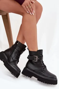 Damskie buty S.Barski Botki Ocieplane|Botki Skórzane*Skórzane Botki Workery Damskie Ocieplane Z Ozdobną Klamrą D&A MK52-032 Czarne