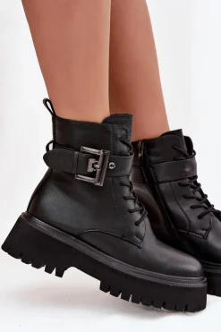 Damskie buty S.Barski Botki Ocieplane|Botki Skórzane*Skórzane Botki Workery Damskie Ocieplane Z Ozdobną Klamrą D&A MK52-032 Czarne