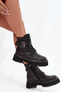 Damskie buty S.Barski Botki Ocieplane|Botki Skórzane*Skórzane Botki Workery Damskie Ocieplane Z Ozdobną Klamrą D&A MK52-032 Czarne