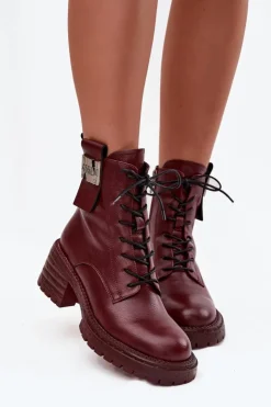 Damskie Artiker Skórzane Botki Workery Damskie Na Klocku Z Ozdobnym Detalem 57C0211 Bordowe