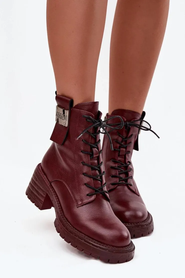 Damskie Artiker Skórzane Botki Workery Damskie Na Klocku Z Ozdobnym Detalem 57C0211 Bordowe