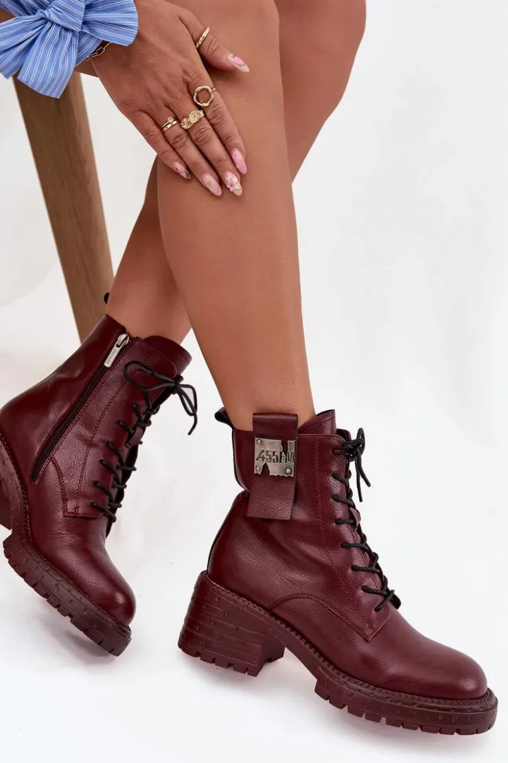 Damskie Artiker Skórzane Botki Workery Damskie Na Klocku Z Ozdobnym Detalem 57C0211 Bordowe